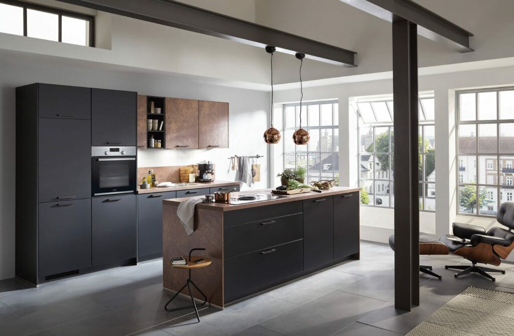 Nobilia Matt Black Bronze Open Plan Kitchen With Island 2021 | Lead Wolf, Gotham