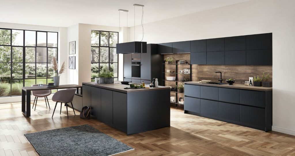 Nobilia Matt Black Wood Handleless Open Plan Kitchen 2021 1 | Lead Wolf, Gotham