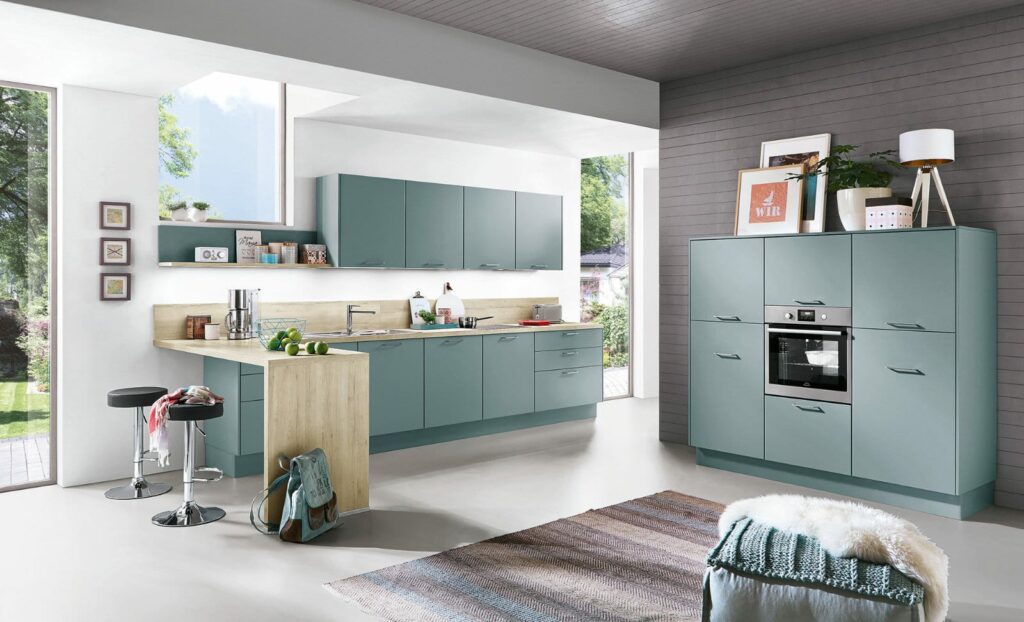 Nobilia Matt Blue Wood Open Plan Kitchen 2021 | Lead Wolf, Gotham