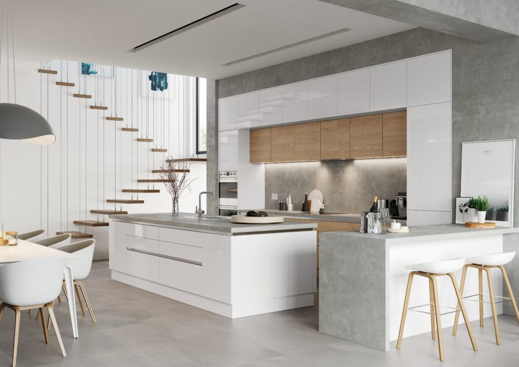 Alku White Gloss Open Plan Kitchen With Island | Lead Wolf, Gotham