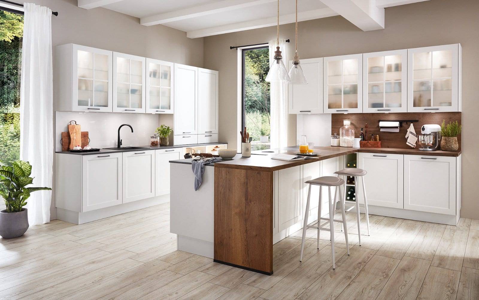 Nobilia Matt White Wood Shaker Open Plan L Shaped Kitchen With Island 2021 | Lead Wolf, Gotham