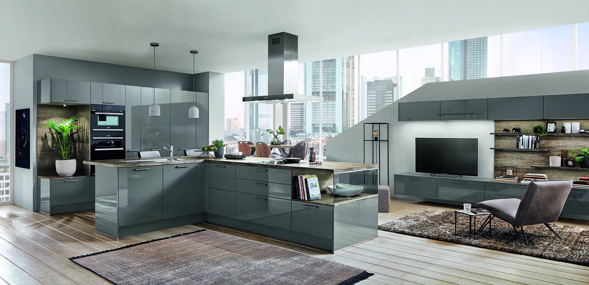 Nobilia Modern Grey Gloss Open Plan Kitchen With Island 2021 1 | Lead Wolf, Gotham