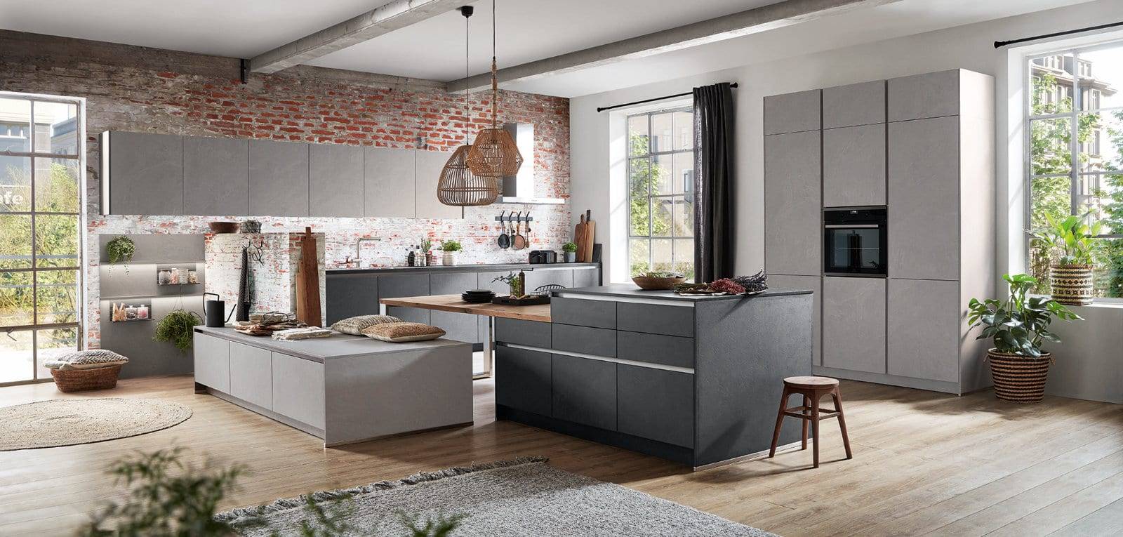 Nobilia Modern Concrete Handleless Open Plan Kitchen With Island 2021 | Lead Wolf, Gotham