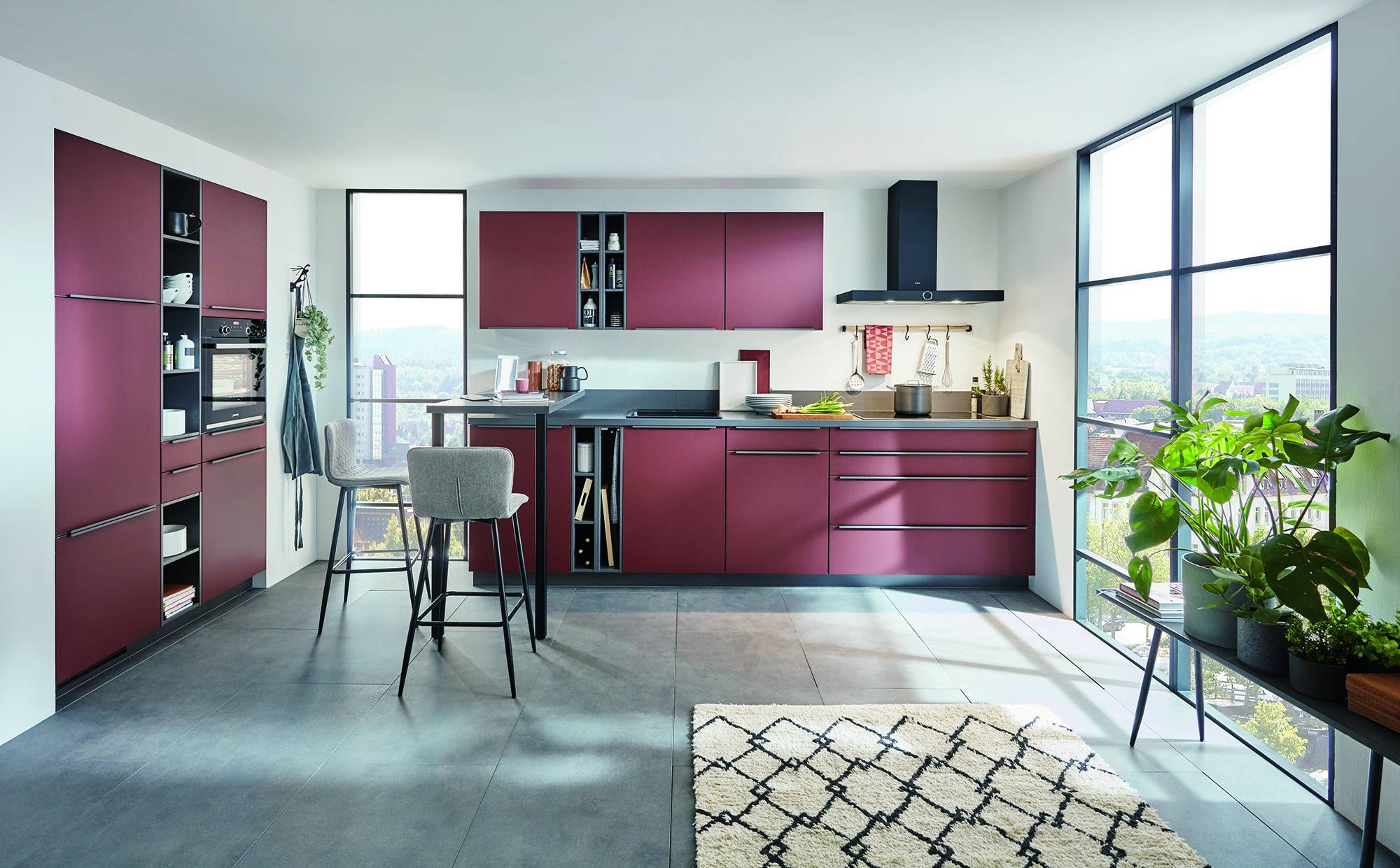 Nobilia Matt Burgandy Open Plan Kitchen 2021 | Lead Wolf, Gotham